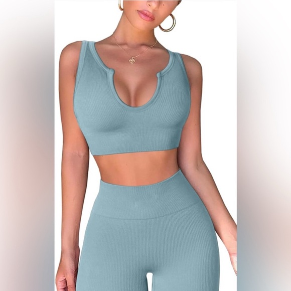 Amazon Pants - Qinsen NWOT Workout 2 Piece Ribbed Seamless Crop Tank High Waist Yoga Leggings